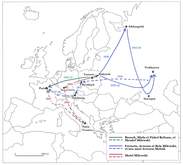 Les survivants, de Varsovie à Paris - carte avec les trajectoires des membres des familles Ryfman et Milewski, avant, pendant et après la guerre.