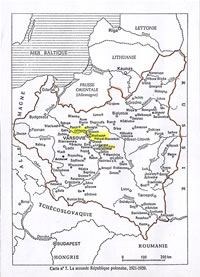 Jablonna, Miedzeszyn et Zelechow, où ont vécu les membres des familles Milewski et Ryfman (en rouge, les frontières polonaises de 1921 à 1939).