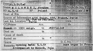 Selon les sources françaises de l'office d'immigration, Abraham Milewski déclare habiter au 33 rue de Palikao à Paris et vouloir émigrer en Australie en 1951. Il est accompagné de Bela Melnik.