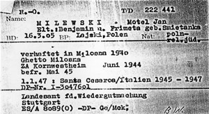 Motel, Polonais de religion juive, arrêté à Milosna en 1940, interné dans le ghetto de Milosna, envoyé au camp de Kornwestheim en juin 1944, libéré en mai 1945, transféré à Santa Cesarea, dans un camp pour personnes déplacées entre 1945 et 1947, sous le n° I.3047601.
