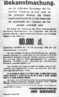 La guerre à Falenica : Décret adopté le 11 décembre 1939 ordonnant aux habitants juifs de déposer 80 000 zlotys auprès de la communauté avant le 20 décembre 1939.